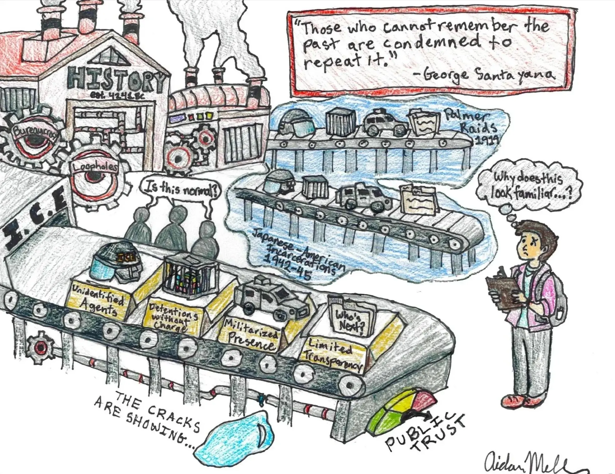 Editorial cartoon by Aidan McClaren drawing a visual parallel between recent ICE operations in Minneapolis and earlier episodes of militarized enforcement in American history.